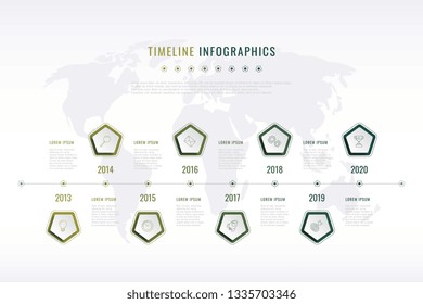 modern corporate history visualisation with pentagonal elements, year indication and world map on background. realistic 3d business data infographic. vector company presentation slide template. eps 10