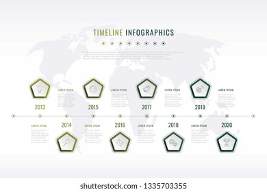 modern corporate history visualisation with pentagonal elements, year indication and world map on background. realistic 3d business data infographic. vector company presentation slide template. eps 10