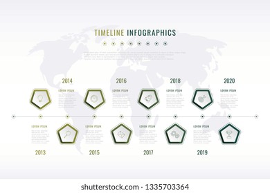 modern corporate history visualisation with pentagonal elements, year indication and world map on background. realistic 3d business data infographic. vector company presentation slide template. eps 10