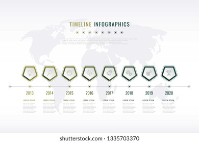 modern corporate history visualisation with pentagonal elements, year indication and world map on background. realistic 3d business data infographic. vector company presentation slide template. eps 10