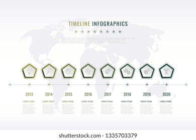 modern corporate history visualisation with pentagonal elements, year indication and world map on background. realistic 3d business data infographic. vector company presentation slide template. eps 10