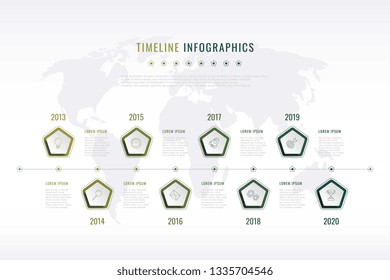 modern corporate history visualisation with pentagonal elements, year indication and world map on background. realistic 3d business data infographic. vector company presentation slide template. eps 10