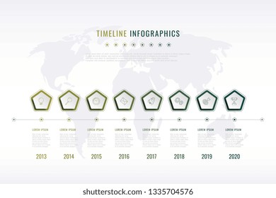 modern corporate history visualisation with pentagonal elements, year indication and world map on background. realistic 3d business data infographic. vector company presentation slide template. eps 10