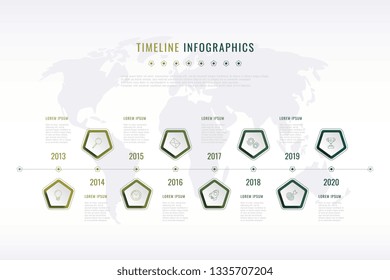 modern corporate history visualisation with pentagonal elements, year indication and world map on background. realistic 3d business data infographic. vector company presentation slide template. eps 10