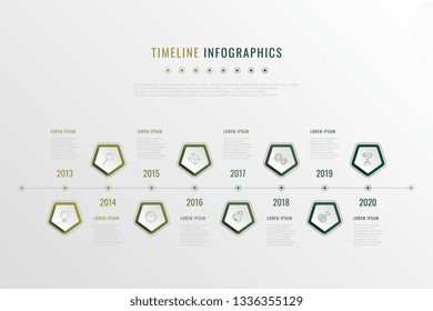 modern corporate history visualisation with pentagonal elements, year indication and markewting icons. realistic 3d business data infographic. vector company presentation slide template. eps 10