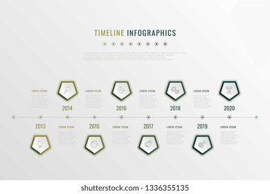 modern corporate history visualisation with pentagonal elements, year indication and markewting icons. realistic 3d business data infographic. vector company presentation slide template. eps 10