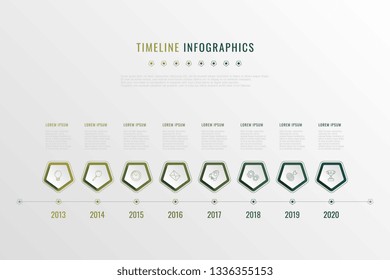 modern corporate history visualisation with pentagonal elements, year indication and markewting icons. realistic 3d business data infographic. vector company presentation slide template. eps 10