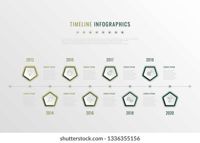 modern corporate history visualisation with pentagonal elements, year indication and markewting icons. realistic 3d business data infographic. vector company presentation slide template. eps 10