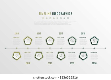 modern corporate history visualisation with pentagonal elements, year indication and markewting icons. realistic 3d business data infographic. vector company presentation slide template. eps 10