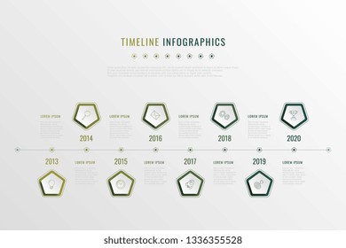 modern corporate history visualisation with pentagonal elements, year indication and markewting icons. realistic 3d business data infographic. vector company presentation slide template. eps 10