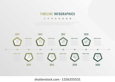 modern corporate history visualisation with pentagonal elements, year indication and markewting icons. realistic 3d business data infographic. vector company presentation slide template. eps 10