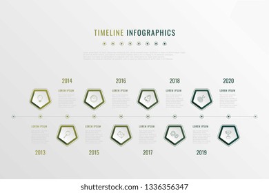 modern corporate history visualisation with pentagonal elements, year indication and markewting icons. realistic 3d business data infographic. vector company presentation slide template. eps 10