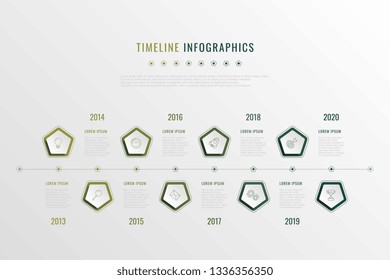 modern corporate history visualisation with pentagonal elements, year indication and markewting icons. realistic 3d business data infographic. vector company presentation slide template. eps 10
