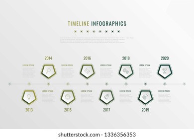 modern corporate history visualisation with pentagonal elements, year indication and markewting icons. realistic 3d business data infographic. vector company presentation slide template. eps 10
