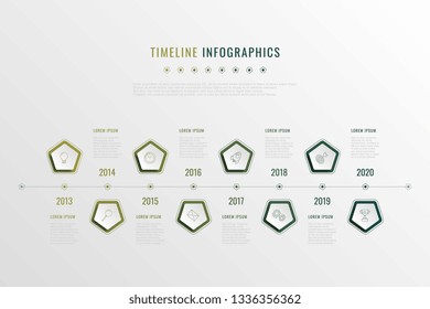 modern corporate history visualisation with pentagonal elements, year indication and markewting icons. realistic 3d business data infographic. vector company presentation slide template. eps 10