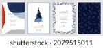 Modern Corporate Holiday cards with Christmas tree, birds, ornate floral frame, background and copy space. Universal artistic templates.