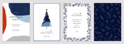 Modern Corporate Holiday Cards With Christmas Tree, Birds, Ornate Floral Frame, Background And Copy Space. Universal Artistic Templates.