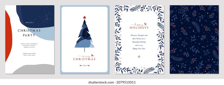 Modern Corporate Holiday cards with Christmas tree, birds, ornate floral frame, background and copy space. Universal artistic templates. - Shutterstock ID 2079515011