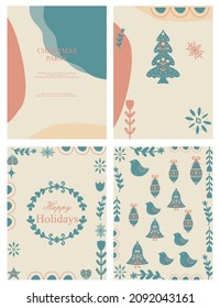 Modern Corporate Holiday cards with Christmas tree, birds, ornate floral frame, background and copy space with color pastel. Universal artistic templates.