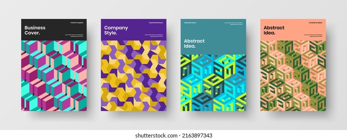 Modern corporate identity A4 vector design concept set. Abstract mosaic tiles front page illustration bundle.