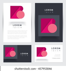 Modern corporate identity letterhead and business card mockup template with abstract pink geometric letter B logo mark in material design style