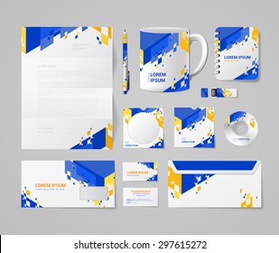 Modern Corporate Identity Mockup Template Blue Yellow Orange Abstract Concept. Stationery Business Objects Blank Pen Cup Notebook USB Flash Drive CD DVD Disc Envelope Mail Card.