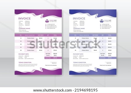Modern and corporate invoice template with white background, creative and unique abstract style invoice design with 2 color variations