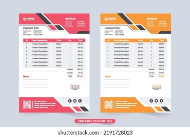 Vector de facturas corporativas moderno con formas digitales. Diseño de papel de recepción de efectivo y acuerdo de pago con colores rojo y naranja. Plantilla mínima de factura con sección de precio del producto.