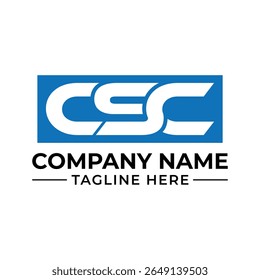 Design moderno de logotipo corporativo com letras iniciais no quadro de retângulo azul e informações da empresa abaixo do símbolo