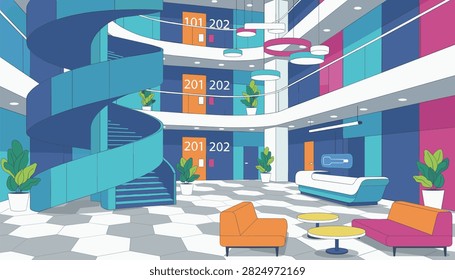 Modern corporate office building lobby design with a high atrium, stylish blue spiral staircase, and reception desk.