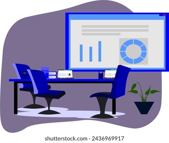 
Moderna oficina corporativa con sala de reuniones. Ilustración de dibujos animados vectoriales de una habitación con 3 sillas con una mesa, una gran pantalla, plantas y varios atributos complementarios