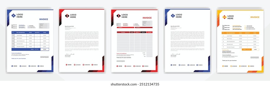 Modern Corporate professional creative Invoice and letterhead design template with Blue, red, yellow, black, and navy blue color. Clean letter head, Business letterhead design template vector design.