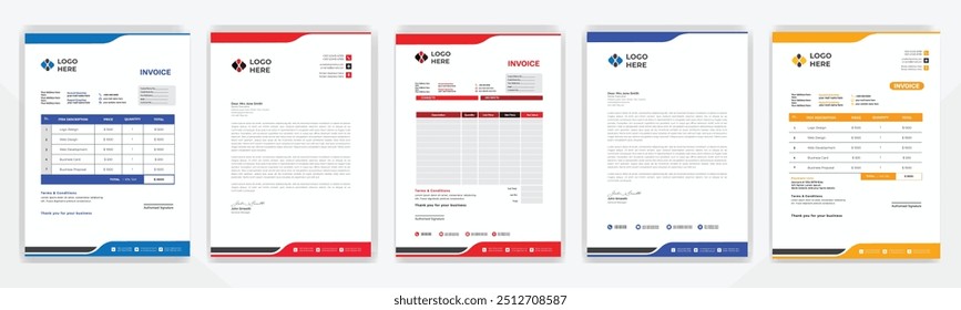 Moderna Factura creativa profesional Corporativa y Plantilla de diseño de membrete con color azul, rojo, amarillo, negro y azul marino. Vector de Plantilla de diseño de Factura y membrete limpios.