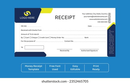 Modern Corporate Professional Flat Money Receipt Book, sell receipt or bill template, easy editable, print ready