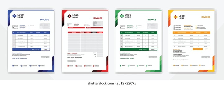 Modelo de design de fatura simples criativo profissional moderno corporativo com azul, vermelho, amarelo, preto e azul marinho. Fatura limpa, design de vetor de modelo de fatura comercial.