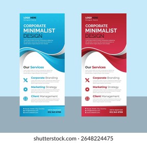 Modern Corporate Roll Up Banner Design Template with Minimalist Style for Business Promotion and Advertising Display in Blue and Red