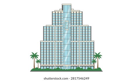 Modern corporate skyscraper with glass windows and palm trees against white background.