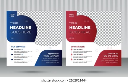 Plantilla de diseño de post de medios sociales corporativos modernos con dos colores diferentes de gradiente de atracción de ojos azul profundo y rojo profundo con fondo blanco para la agencia de marketing