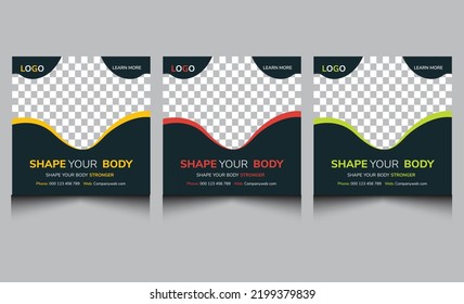 Modern corporate sports ads fitness gym web banner poster business social media post promotion template. Clean yoga corporate advertising web banner social media post design yellow green blue color.