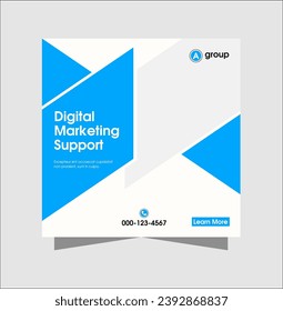 Modern corporate square size geometric social media post design layout in blue and white color for business, digital marketing, agency, brand, branding, online, sale, offer, discount.