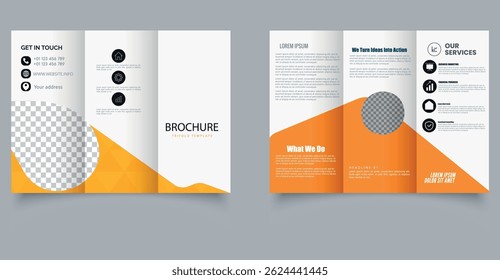 Modern Corporate Trifold Brochure Template with Geometric Design. Ideal for marketing agencies, corporate presentations, and business services.