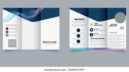 Modern Corporate Trifold Brochure Template with Geometric Design. Fully layered and easy to customize with image placeholders and editable text
