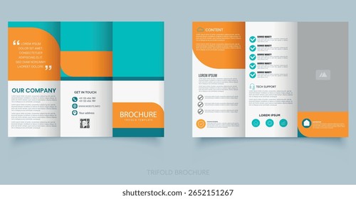 Modelo de Brochura Trifold Corporativo Moderno com Laranja e Design Azul. Panfleto para uma empresa imobiliária