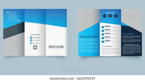 Modern Corporate Trifold Brochure Template Design. Clean and modern trifold brochure template with blue gradient design. Ideal for corporate presentations, business services, or company promotions