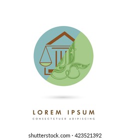 MODERN CORPORATE VECTOR LOGO / ICON DESIGN OF A LAW SCALE INCORPORATED WITH A COURTHOUSE AND AN "L" INITIAL . COLORS USED : BROWN, BLUE, GREEN