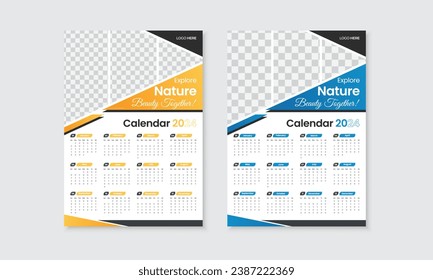 Modern corporate wall calendar design for year 2024, new year business hanging one page calendar template, yearly, monthly office planner with place for photos, week starts from Sunday, print ready