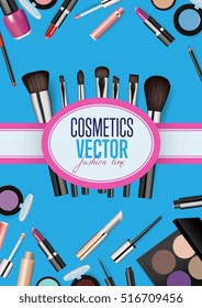Modern cosmetics accessories concept. Different instruments for professional makeup vector illustrations set on blue background. For beauty salon, shop ad, brochures, flyers, sale promotions design