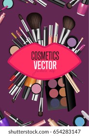 Modern cosmetics accessories concept. Different instruments for professional makeup vector illustrations set on violet background. For beauty salon, shop ad, brochures, flyers, sale promotions design