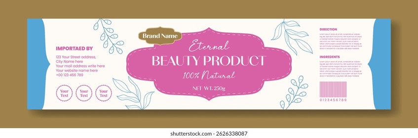 Modern Cosmetics Packaging Label template design, horizontal Cosmetic, skin care, beauty care social media cover, header, web banner design, with organic floral vector background