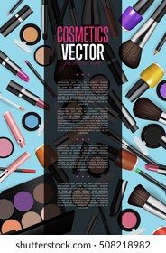 Modern cosmetics product ad concept. Makeup cosmetics with cosmetics tools. Fashion cosmetics background and beauty